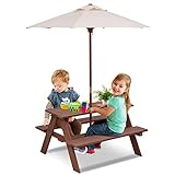 Olakids Kids Picnic Table, Outdoor Toddler Wooden Table and Chair Set with Removable Umbrella, Children Activity Furniture Bench Set for Patio Garden Backyard
