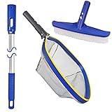 Poolvio Swimming Pool Cleaning Kit, 10' Pool Brush Head & 50'' Telescopic Aluminum Pool Pole with Pool Fine Mesh Aluminum Skimmer Net - Perfect for Above Ground Pools, Spas, Hot Tub & Fountains