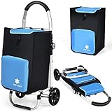 Goplus Folding Shopping Cart with Wheels, Hanging Hooks, Insulated Bag and Removable Oxford Shopping Bag, Waterproof Trolley Cart for Grocery Condo Apartment, Blue