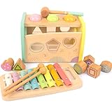 WOODENFUN Hammering Pounding Toys Wooden Educational Toy Xylophone Shape Sorter, Birthday Gift for 1 2 3 Years Boys Girls Baby Toddler Kids Developmental Montessori Learning Toy (Yellow)