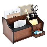 Liry Products Cherry Brown Wood Desk Organizer Tissue Box Lid Multiple Slots Drawer Tabletop Storage Cabinet Solid Wood Phone Tablet Remote Control Holder Office Supplies Caddy Accessory Sorter Home