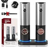 HOMCYTOP Electric Salt and Pepper Grinder Set W/USB Rechargeable Base, No Battery Needed, One Handed Operation, Automatic Powered Spice Mill Shakers Refillable, Adjustable Coarseness, LED Light