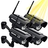 Fake Security Camera, Solar Powered Dummy Security Camera Simulated Surveillance System with Light Sensor and 25 LED Light for Home and Businesses Security Indoor/Outdoor(4Pack, Black)