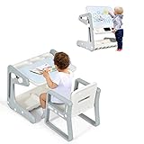 Costzon 2 in 1 Kids Table & Chair, Art Easel w/Adjustable Magnetic Painting Board, Storage Space, Art Supply Accessory, Children Convertible Activity Table Set for Drawing Reading Art Playroom (Gray)