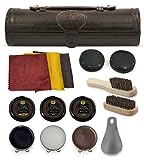 Stone & Clark 12PC Shoe Polish & Care Kit, Leather Shoe Shine Kit with Brown Wax, Shoe Brushes for Polishing, Compact Shoe Cleaning Kit with Horse Hair Brushes & PU