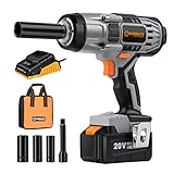 WORKSITE 20V Impact Wrench 1/2 Inch With Max 370 Ft-lbs (500N.m) Torque, Cordless Impact Gun Kit With Charger, Battery and 4 Pcs Impact Sockets For Car Tires
