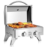 Giantex Portable Gas Grill with 2 Burner, Max. 20,000 BTU total, Folding Legs, Built-in Thermometer, Travel Locks, Stainless Steel Tabletop Propane Gas Grill for Camping Picnic Cookout RV BBQ