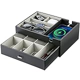 ProCase Double Layer Valet Tray, Mens Jewelry Nightstand Organizer EDC Dump Catchall Trays with Phone Charging Station, Dresser Top Table Beside Entryway Storage Box for Key Wallet Watch -Black