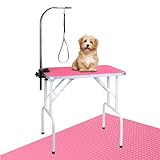 LEIBOU Pet Dog Grooming Table Foldable Grooming Table Heavy Duty Iron Frame with Arm & Noose for Dog Cat Pet Grooming (32'', Pink)