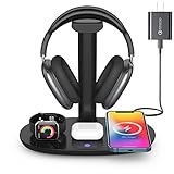 Headphone Stand with 15w Wireless Charger, Suguder 4 in 1 Charging Station Headset Holder for AirPods Max/Pro/2/3 iWatch 9/8/7/6/5/4/3/2/1/SE iPhone 15/14/13/12/11/XS/XR/X for Desktop Table Game