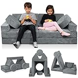 Lunix LX15 14pcs Modular Kids Play Couch, Child Sectional Sofa, Fortplay Bedroom and Playroom Furniture for Toddlers, Convertible Foam and Floor Cushion for Boys and Girls, Gray
