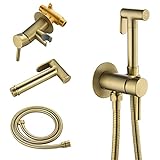 SHAMANDA Warm Water Bidet Sprayer for Toilet with Hot and Cold Brass Rough-in Valve, Stainless Steel Round Handheld Bidet Attachment Set for Feminine, Pets and Baby Diaper Wash, Brushed Gold, BDS09-3