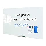 XIWODE Magnetic Glass Dry Erase Board, Wall Mounted Tempered Frameless Glass Whiteboard, White Frosted Surface，36 x 24 Inch