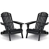 Folding Adirondack Chair Set of 2 Patio Chairs Weather Resistant Folding Outdoor Chair Solid Wooden Heavy Duty Reclining Fire Pit Chair for Deck, Lawn, Backyard, Garden-Black