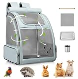 Bird Carrier Backpack Cage (Space Grey), Carrier with Stainless Steel Foodbowl and Stainless Steel Tray & Wooden Standing Perch, Bird Travel Cage for Small Birds, Green Cheek, Cockatiel, Parrot