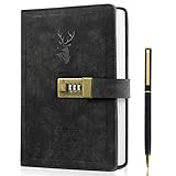 ZukoCert Journal With Lock A5 PU Leather Diary With Lock 240 Pages, Retro Journal With Lock And Key To Protect Your Privacy, Unisex.（Deer Head Style, Black）