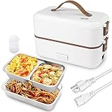 CTSZOOM Self Cooking Electric Lunch Box, Portable Food Warmer for On-the-Go,Mini Rice Cooker 2 Layers 800ML Heated Lunch Box for Home Office Cook Food White