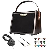 NuX AC-25 Portable Battery Operated Acoustic Amplifier Bundle with Polsen HPC-A30-MK2 Studio Monitor Headphones, Kopul 10' Instrument Cable, and Fender 12-Pack Picks