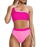 MOOSLOVER Women Cutout One Shoulder High Waisted Bikini High Cut Two Piece Swimsuits(M,Pink Rose)