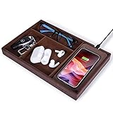 Valet Tray, Built in Wireless Charging Pad, Nightstand Organizer, Dresser Organizer, Mens Jewelry Box, Valet Charging Station, Faux Leather Valet Tray for Men and Women,Dark Brown