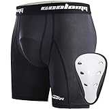 COOLOMG Youth Boys Compression Sliding Shorts with Protective Cup Baseball Lacrosse Football Black M