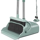 kelamayi Upgrade Broom and Dustpan Set, Large Size and Stiff Broom Dust pan with Long Handle, Upright,Ideal for Indoor Outdoor Garage Kitchen Room Office Lobby Use (Green)