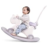 LLparty 4 in 1 Rocking Horse for Toddlers 1-3 Years Old, Baby Rocking Toy Fun Birthday Gift for 1+ Kids, Ride on Toy with Detachable Balance Board and Footrest，Balance Bike with Push Handle，White