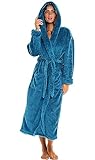 Alexander Del Rossa Womens Robe, Plush Fleece Hooded Bathrobe with Two Large Front Pockets and Tie Closure, Turquoise Green, Medium
