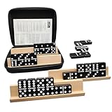 Dominoes Set for Adults with 4 Wooden Racks/Trays, Double Six Dominoes Travel Set with Portable Case Double 6 Dominoes Set with 4 Tiles Holders, 28 Tiles Dominos Set for Family Board Games - Black