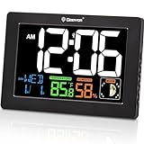 Geevon Atomic Alarm Clock, Large Color Display Digital Desk Clock with Indoor Temperature & Humidity, Calendar, Moon Phases and Adjustable Brightness for Bedroom, Office