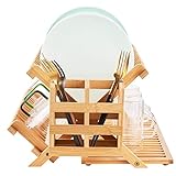 WORTHYEAH Bamboo Dish Drying Rack, 3 Tier Collapsible Dish Rack with Utensil Holder, Wooden Dish Drying Rack for Kitchen Counter, Large Folding Drying Holder, Dish Drainer