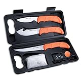 Outdoor Edge WildLite Hunting Field Dressing Kit, Compact 6-Piece Portable Butcher Game Processor Set, Full Tang 420J2 Stainless Knife Blades, TPR Blaze Orange Non-Slip Handles, Sturdy Hide-Side Case