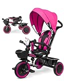 KRIDDO 7-in-1 Tricycle Stroller for Toddlers 18 Months to 5 Years, Adjustable Push Handle, Rotatable Seat, Cup Holder and Retractable Canopy, Folding Baby Trike w/Detachable Guardrail, Footrest, PK