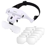 Headband Magnifier Glasses LED Magnifying Loupe Head Mount Magnifier Hands—Free Bracket and Headband are Interchangeable 5 Replaceable Lenses 1.0X,1.5X,2.0X,2.5X,3.5X (Upgraded Version)