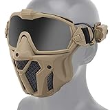 Airsoft Mask and Anti Fog Goggles Kit, Half Lower Steel Mesh Mask and Removable Goggles Fan with Exchangel Clear and Tinted Lens (Tan)