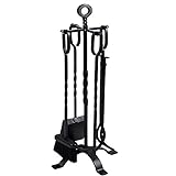 AMAGABELI GARDEN & HOME 5 Pieces Fireplace Tools Set Indoor Wrought Iron Fire Place Pit Large Poker Wood Stove Log Firewood Tongs Holder with Handles Modern Black Outdoor Accessories Kit
