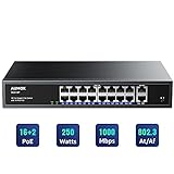 Aumox 18-Port Ethernet Gigabit PoE Switch, 16-Port PoE with 2 Uplink Gigabit Ports, 250W Built-in Power, Metal Casing and 19-inch Rackmount, Traffic Optimization, Plug and Play, Unmanaged(SG518P)