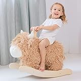 Baby Rocking Horse for 1 Year Old,Wooden Cow/Yak Horse Rocking with Wicker Plush Wooden Ride On Toy for 2 Years Old Girl&Boy Nursery Birthday Gift