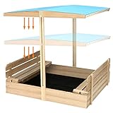 Sandbox with Cover Wooden Outdoor Kids Sandbox Toys with Canopy, 2 Foldable Bench Seat, Sandbox with Lid UV40 Sun Protection Function for Garden, Backyard, Beach, 48' x 48'