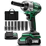 K I M O. 20V Cordless Impact Wrench 1/2 inch, 1/2 Impact Gun Brushless High Torque Wrench Kit 250 Ft-lb 3000 RPM, Battery Impact Driver with 1-Hour Fast Charger LED Light 7 Sockets