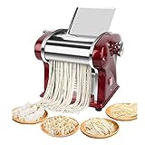 Household Electric Pasta Maker, Fresh Noodle Making Dough Pressing Machine for Commercial & Home Use, Built-in 2 Cutters, 6 Thickness Settings (1.5mm round noodle+4mm flat noodle, Red)