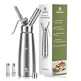 Professional Whipped Cream Dispenser - Stainless Steel Whipped Cream Maker, Large 500ml / 1 Pint Capacity Whip Canister, Includes 3 Various Stainless Culinary Decorating Nozzles and 1 Brush