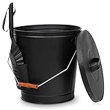 Nouva 5.15 Gallon Ash Bucket with Lid and Shovel, Galvanized Large Metal Hot Wood Ash Carrier Pail Fireplace Tools,Fire Pit,Wood Burning Stove Black, 19.5 L