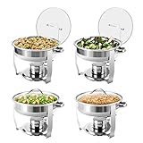 BriSunshine 4 Packs 3 QT Round Chafing Dish Buffet Set, Stainless Steel Chafing Dishes with Glass Lid & Holder, Food Warmer for Parties Weddings Banquets Events