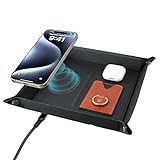 Leather Valet Tray for Men, LAVAVIK EDC Charging Trays, Nightstand Organizer Built in 15W Wireless Charger, Women Bedside Storage Dresser Top Dump Catchall Tray for Phone/Jewelry/Key/Wallet(Black)