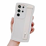 LSSYLZT Compatible with Samsung Galaxy S23 Ultra 5G Phone Case with Wrist Strap Kickstand Cute Solid Color Curly Wave Frame Case Women Camera Protection Soft Shockproof Cover (White)