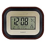 Sharp Digital Wall Clock, Self-Setting Atomic Desk Clock with Temperature, Humidity and Date, Battery Operated Digital Clock Large Display, Bronze Woodgrain Finish with Gold Bronze Accents
