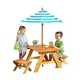KidKraft Outdoor Wooden Table & Bench Set with Striped Umbrella, Children's Backyard Furniture, Turquoise and White, Gift for Ages 3-8, Amazon Exclusive