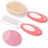 Baby Hair Brush and Comb Set for Newborns & Toddlers | Natural Soft Goat Bristles | Ideal for Cradle Cap | Perfect Baby Registry Gift (Pink)