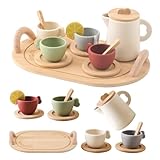 Tea Party Set for Kids, Wooden Tea Set for Little Girls and Boys, Kids Play Kitchen Accessories Toy Dishwasher Safe Tea Set for Toddler, Pretend Play Toddler Tea Set Ideal Christmas Birthday Gift